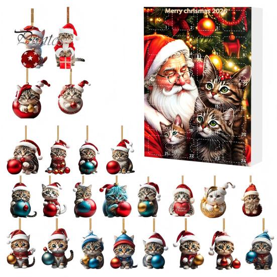 Christmas Advent Calendar Cat Calendar, 24 Days Countdown Cute 2D Kitten Holiday Backpack Charm Accessory Ornaments for Party Tree Decor, Gifts Lovers