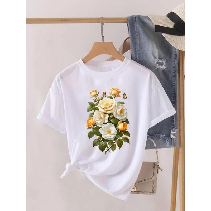 Krótki Rękaw Damski Nadruk Letnia Koszulka Modne Ubrania Koszulki Graficzne Kwiaty Akwarelowe Urocze Ubrania Damska Codzienna Koszulka