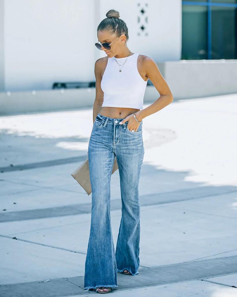 2022 High-Elastic Washed Denim Women's Bell Bottoms - Trendy and Comfortable