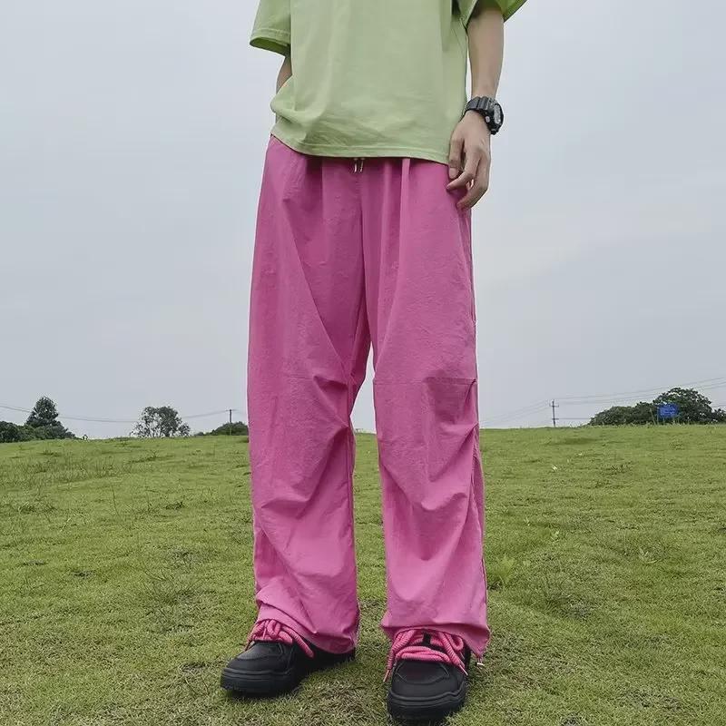 Men's Oversized Fluorescent Green Quick-Dry Wide-Leg Paratrooper Pants - Trendy Summer Style