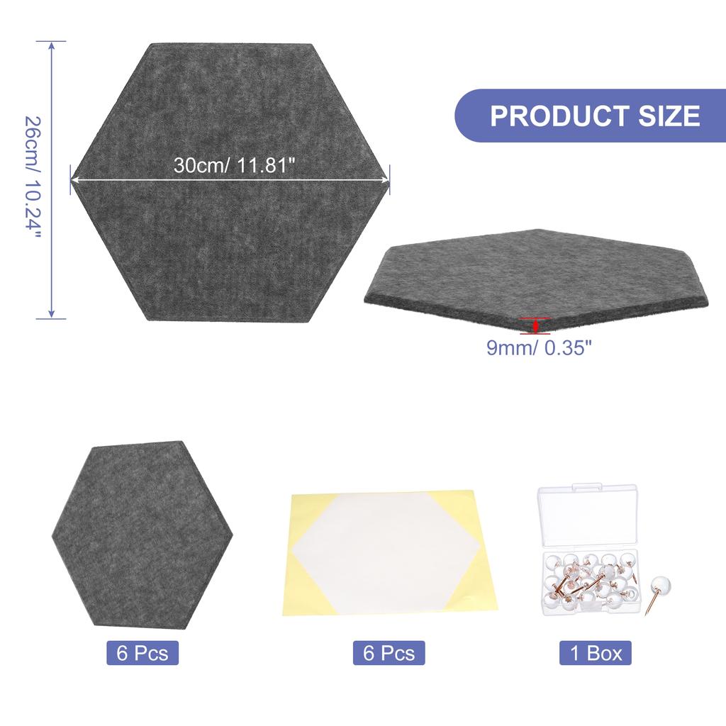 6Pc 12"x10" Felt Bulletin Board Self Adhesive Hexagon Felt Tiles for Sound Proofing Wall Panels for Home Office Recording Studio
