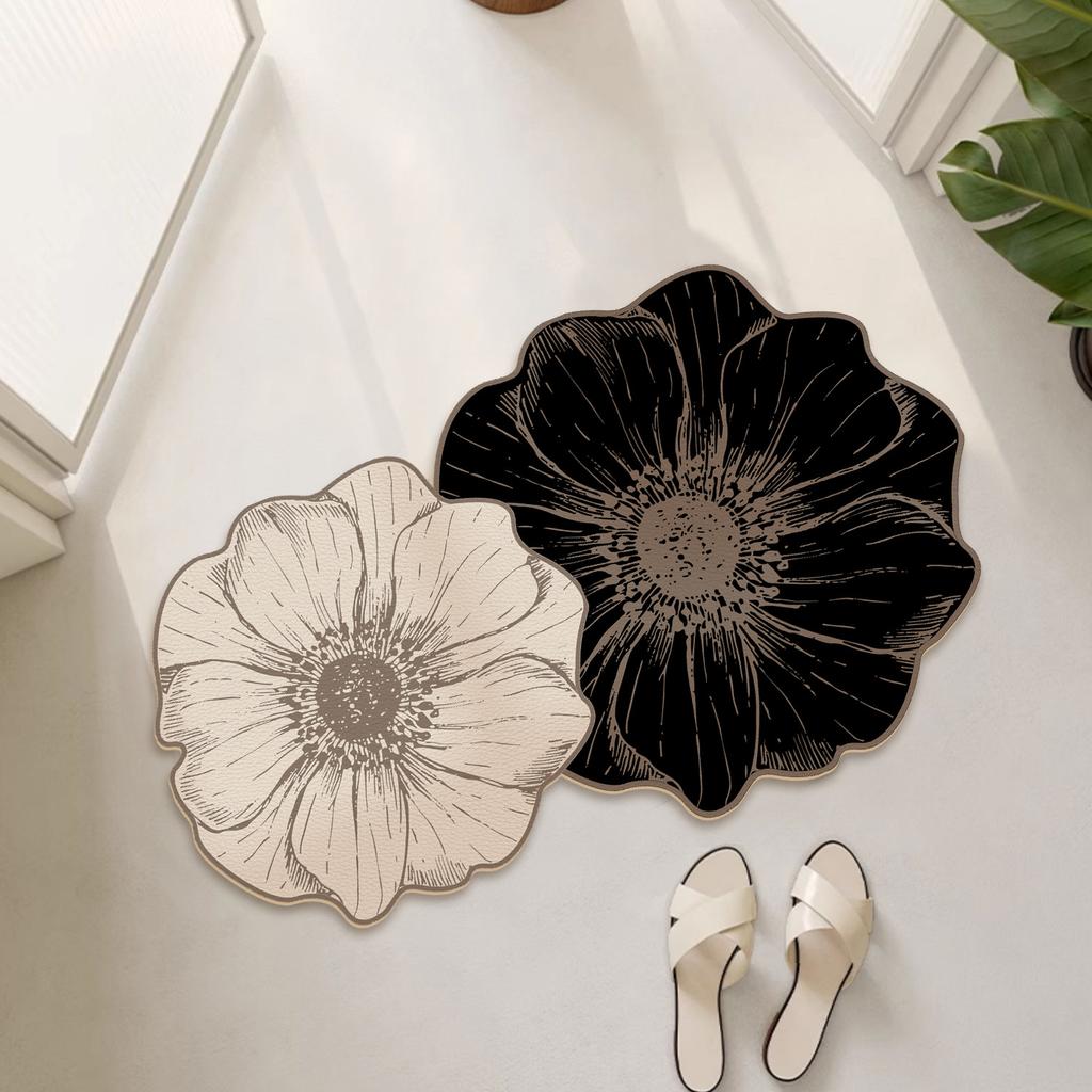 Rose Double Flower Luxury Absorbent Leather Floor Mat Non Slip Bathroom Entrance Mat Home Toilet Mat