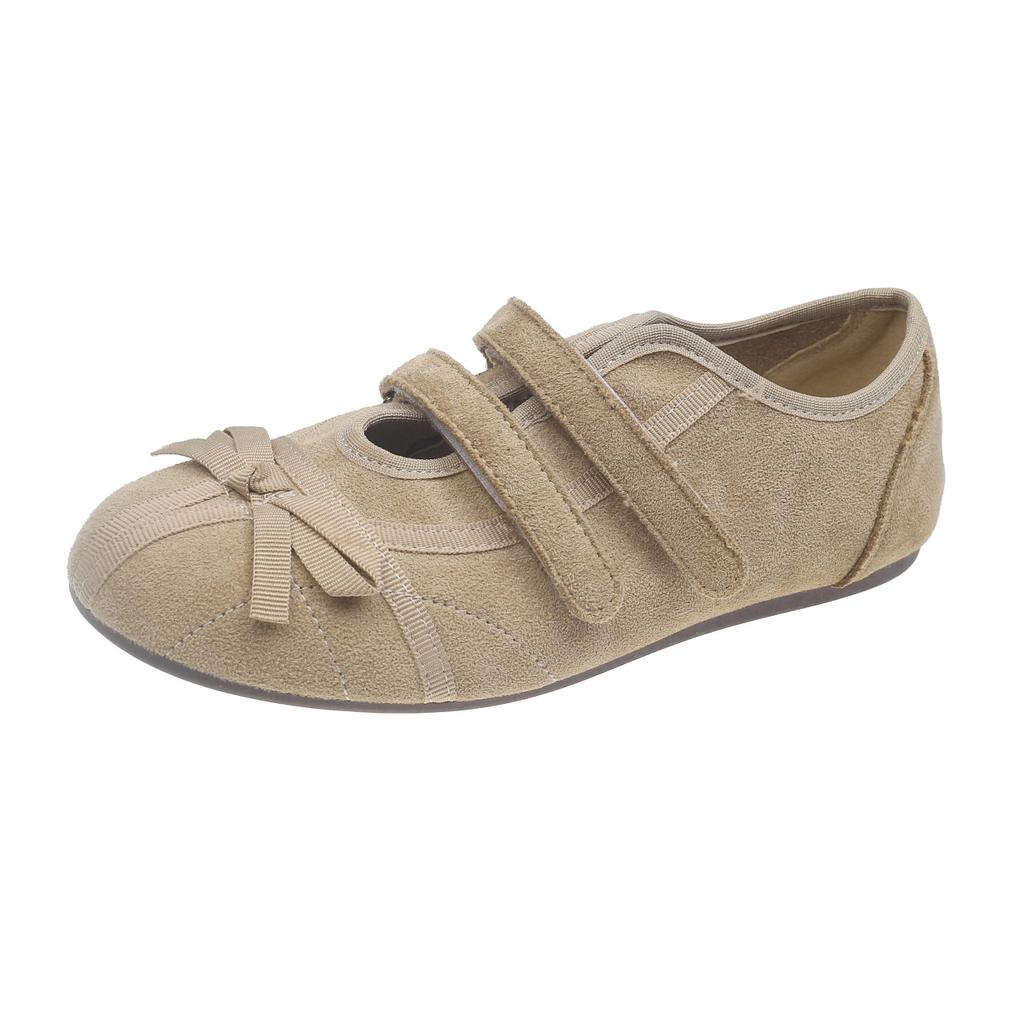 2025 Spring and Autumn New Flat Bottom Solid Color Casual Shoes Matte Bow Velcro Comfortable Soft Sole German Training Shoes Women
