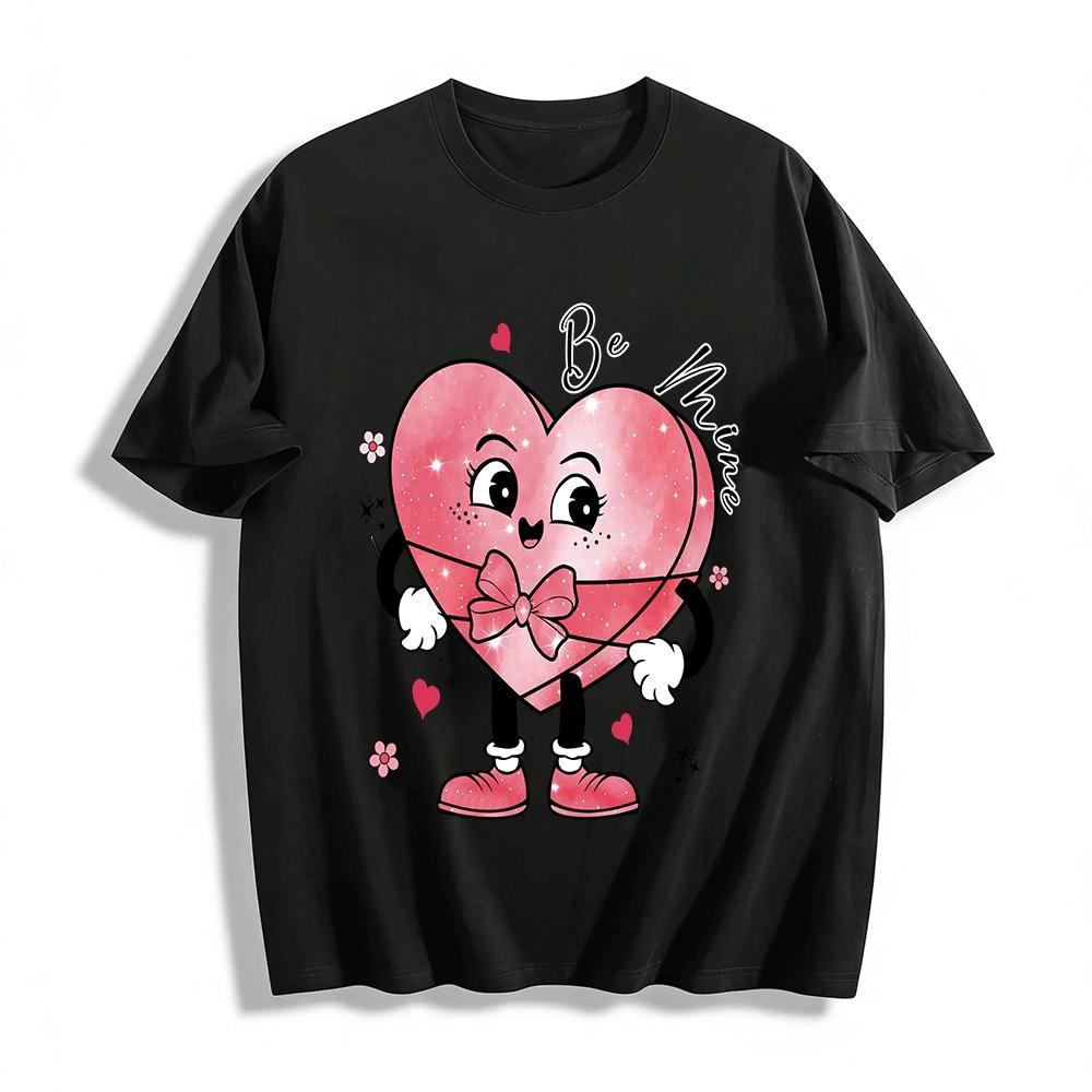 Retro Be Mine Heart Gift Box Print Couple Casual Short Sleeve Pure cotton T-shirt XXS