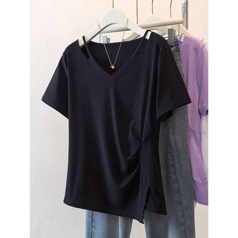 V Neck Asymmetrical Small Shirt Plus Size Ladies Covering Belly Thin Summer Wear