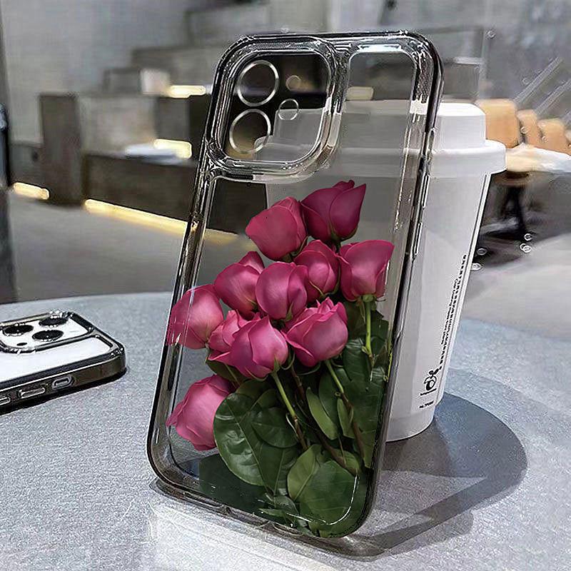 Minimalist Rose Case For iPhone 16 15 14 13 12 11 Pro Max XS X XR 8 7 Plus 16e SE 2020 Flower Shockproof Clear Silicone Cover