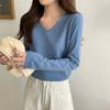 Powder Blue Elegant Solid V Neck Loose Slimming Versatile Long Sleeve Sweater Women Spring Minimalist Base Layer Top