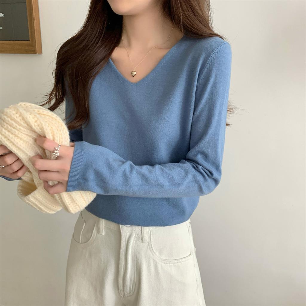 Powder Blue Elegant Solid V Neck Loose Slimming Versatile Long Sleeve Sweater Women Spring Minimalist Base Layer Top