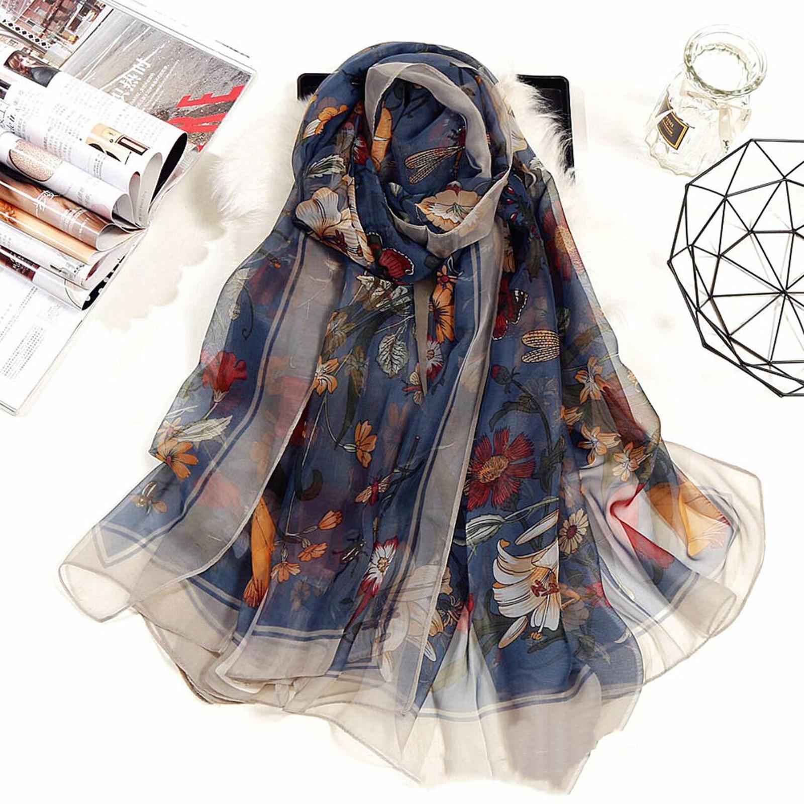

(проектор)Модный женский длинный мягкий шарф с цветочным принтом, имитация шелковой шали, шарфы One Size синий