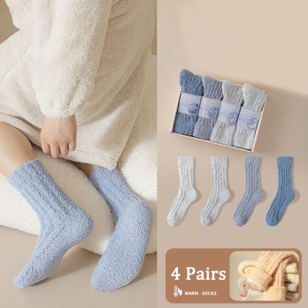 4Pairs Thickened Coral Fleece Socks Winter Mid Tube Socks Women Floor Plush Socks For Female Men