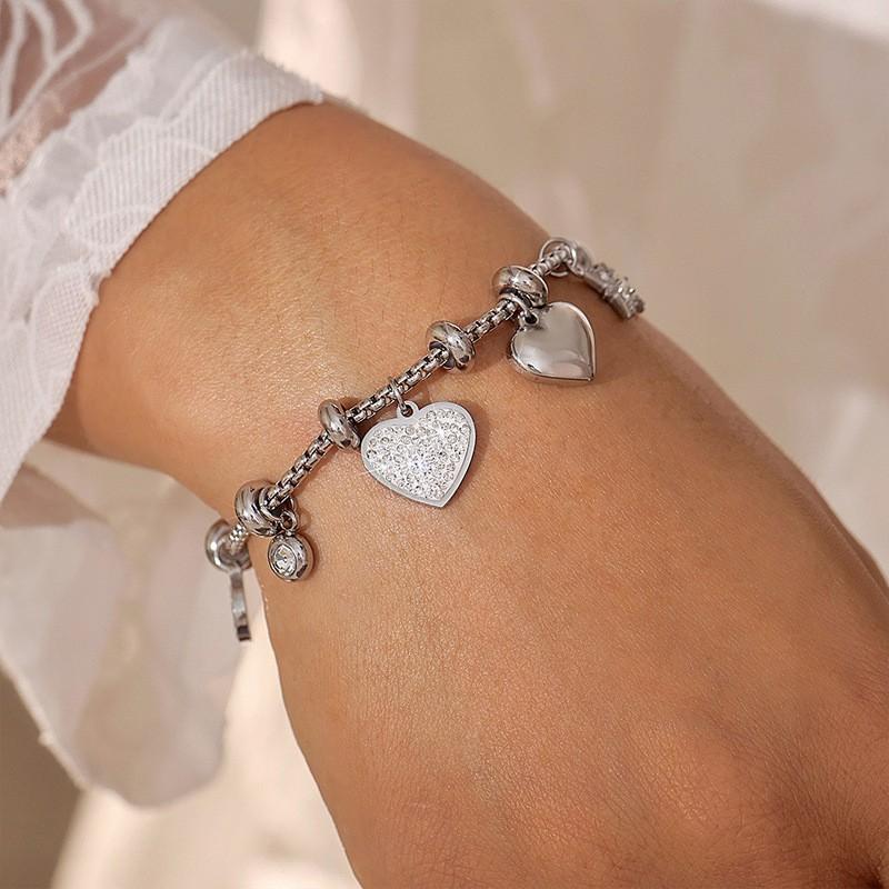 Stainless Steel Heart Charm Bracelet With Cubic Zirconia 18K Gold Plated Unisex Minimalist Jewelry Couples E560 - Steel Heart Charm Bracelet