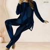 Women Plus Size Printed Dark Blue Round Neck Long Sleeve Longline Top And Fitted Pants Two Piece Set