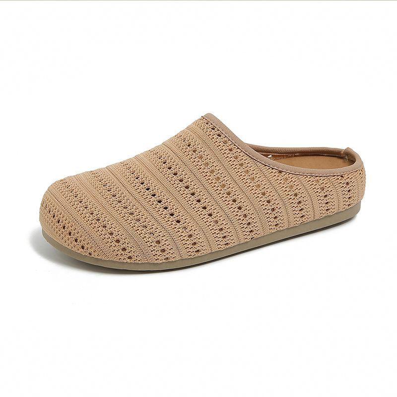 Knitted Breathable Shoes Half-slippers for Women Flat-bottomed Boken Flip-flops and Flip-flops with Toe Caps
