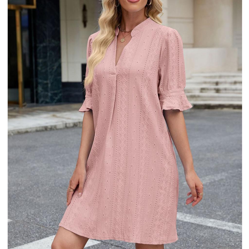 Women's Loose Casual Color Five Quarter Sleeve V-neck Loose Dress Fashionable Dress