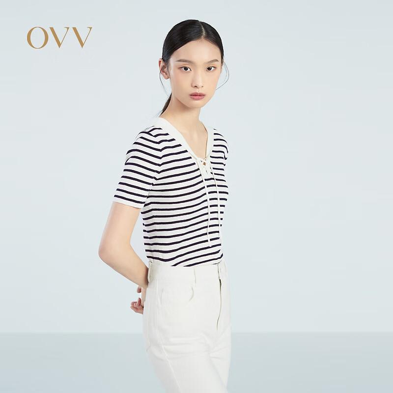 OVV Women s Striped Silk-Linen Blend Short Sleeve Knit Top M