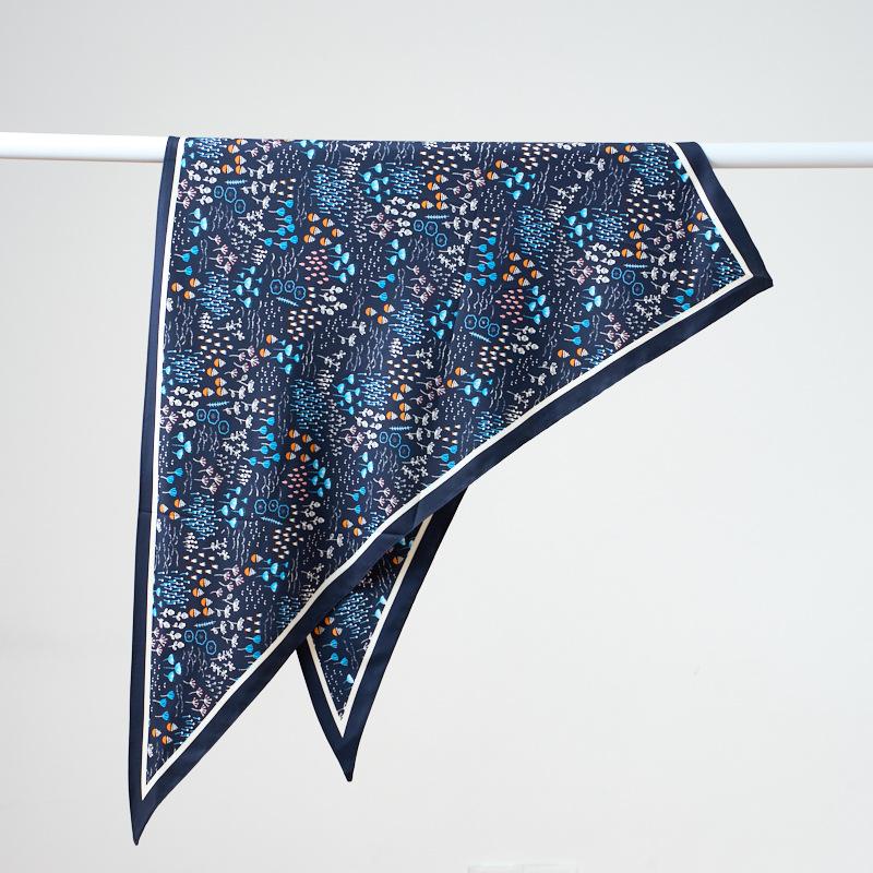 New Fashionable Blue Printed Waist Seal Triangle Scarf Versatile Decorative Diagonal Scarf Wear Fart Curtain Female Imitation Silk Scarf