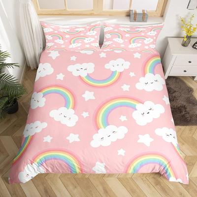 Kawaii Regenbogen Bettbezug Cartoon Irisierender Druck Bettwäscheset Für Mädchen Kinderzimmer Einzelbett, Niedliche Sterne Wolken Dekor Bettdeckenbezug