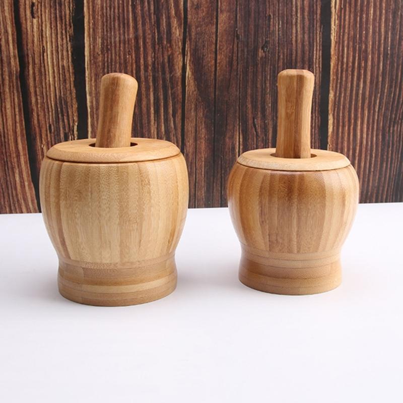 Bamboo Mortars and Pestle Set with Lid Pepper Garlic Spices Grinder Press Crusher Masher Kitchen Tool Grinding Bowl