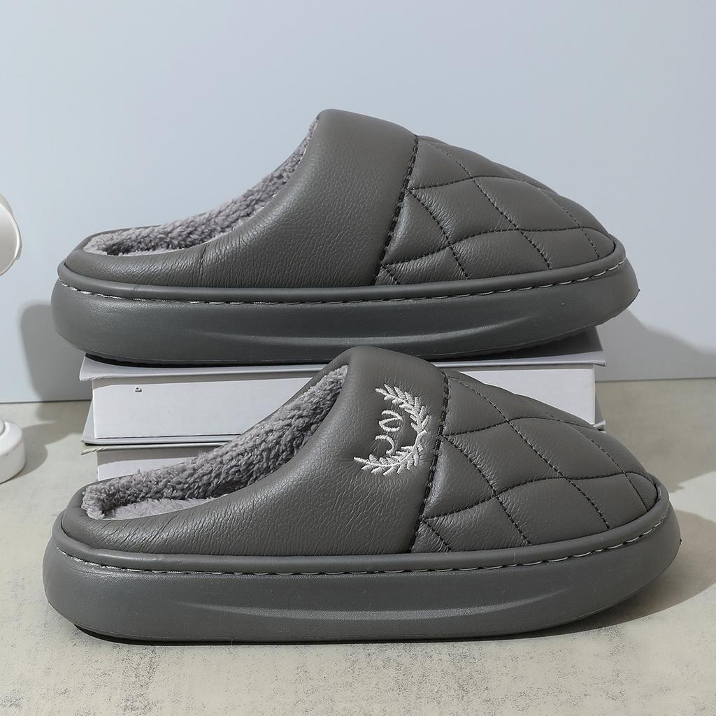 Leather cotton slippers couple autumn and winter home warmth home indoor non-slip thick-soled plush slippers men