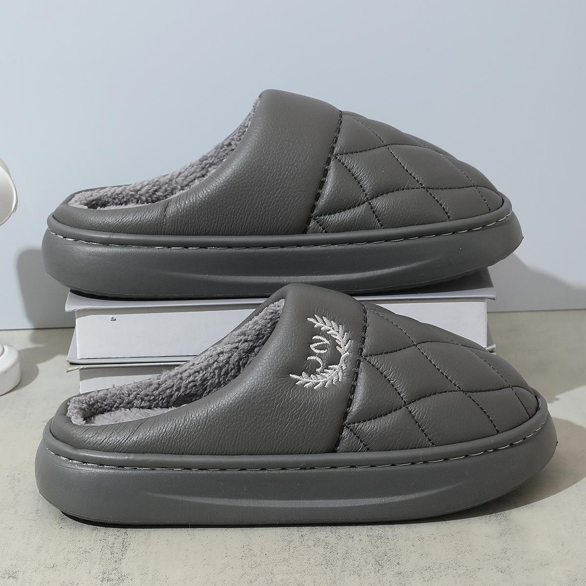 Тапочки на платформе, мужские домашние тапочки из искусственной кожи с эффектом памяти, зимние теплые туфли для гостиной, домашние тапочки в клетку, мягкие, из ЭВА, плюшевые 46-47 темно-серого