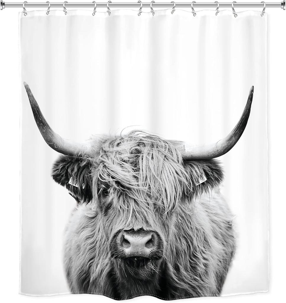 Tenda da Doccia Mucca delle Highlands, Ritratto di Toro Rustico Animale da Fattoria Tessuto Grigio Bianco Arredo Bagno Con 12 Ganci, 1 Pezzo