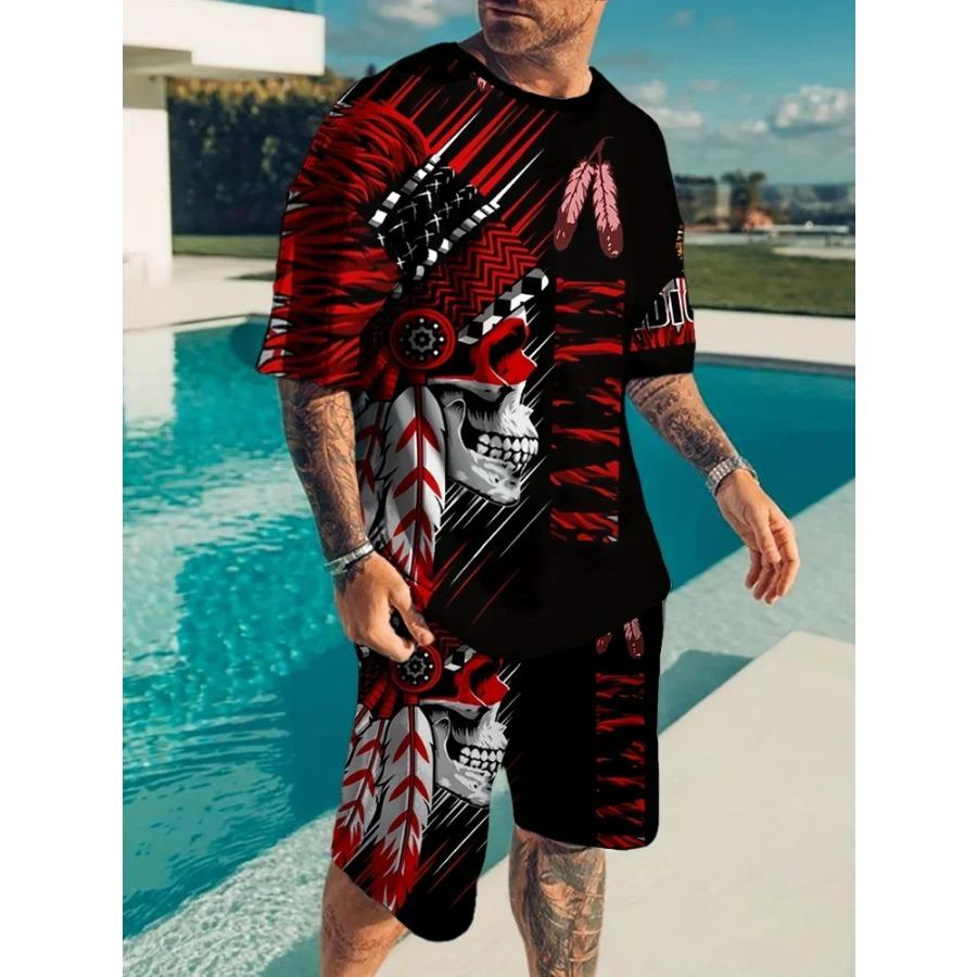Men's Summer Short-sleeved Set, 3D Creative Flame Print And Shorts, Two-piece Casual Outdoor Fashion Set
