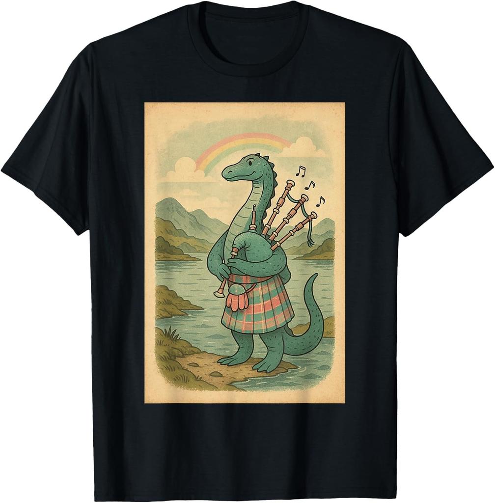 Lustiges Nessie spielt Dudelsack unter einem Regenbogen in Schottland T-Shirt