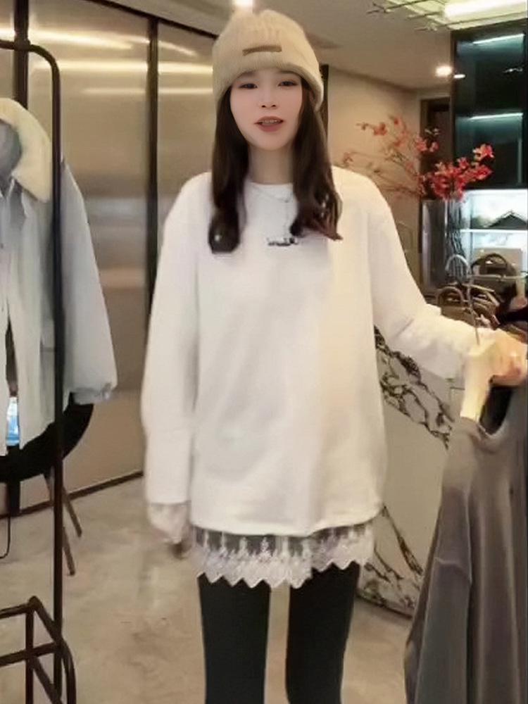 

Women s Spring 2025 Lace-Trimmed Mid-Length Long Sleeve Top XL білий