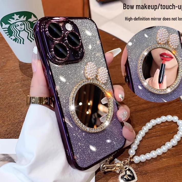 Apple 17 Glitter Diamond Mirror Phone Case with Pearl Bracelet for iPhone 16 Pro Max