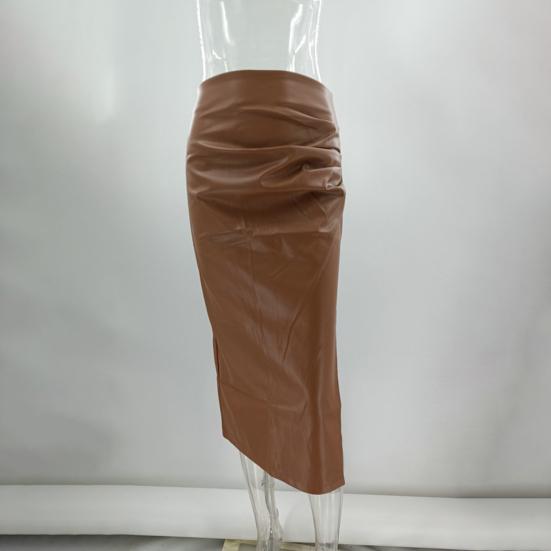 Trendy Mid-Rise Windproof Versatile Autumn Winter Hip Wrap Faux Leather Midi Skirt Streetwear Office Skirt