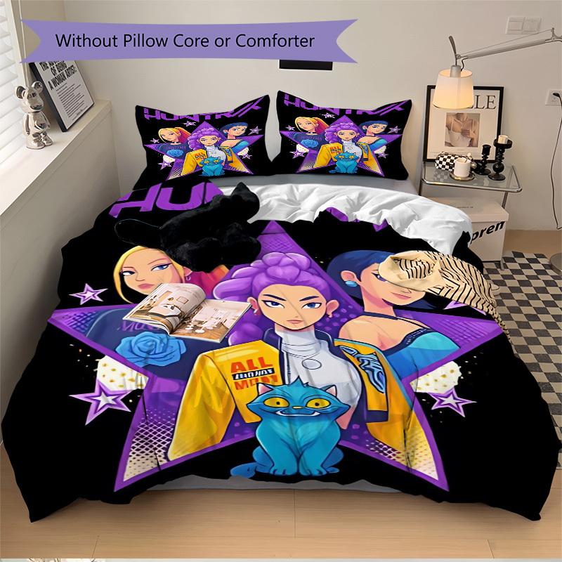 

3pcs Huntrix, K-POP Comforter Set - Four Seasons Home High,Machine Washable Bedspread with Pillowcases (No Filling) yy250909010 135x200cm
