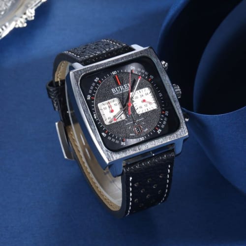 BUREI Men's Chronograph Analogue Watch with Date Display, Water Resistant, Rectangular Face, Black Leather Strap, Limited Edition, Perfect for Busines