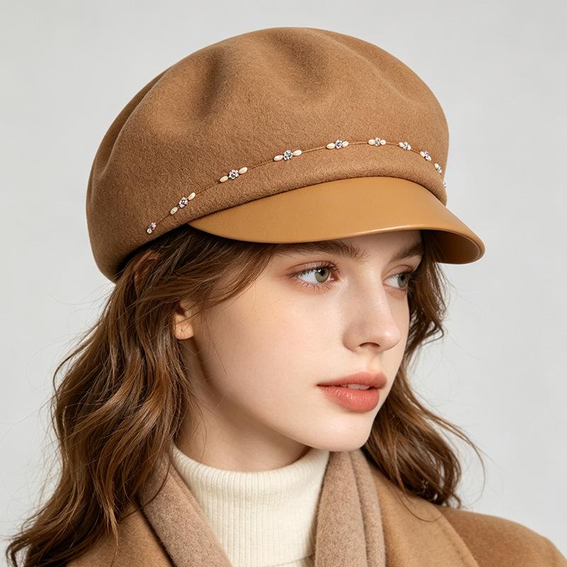 Autumn and Winter Light Luxury Handmade Diamond Chain Wool Cap Women's Versatile Fashion Newsboy Hat Trendy and Warm Felt Hat