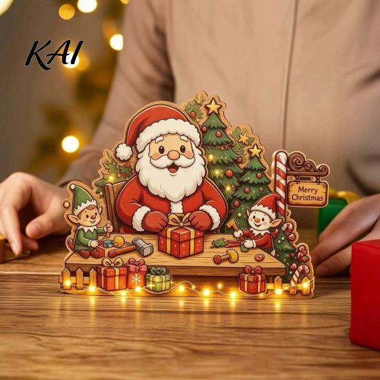 Rustic Winter Home Accents Christmas Wooden House Ornament, Santa Claus/Snowman/Elk Sleds/Winter Cabins Elk Sleigh Tabletop Decor Scene Figurines,