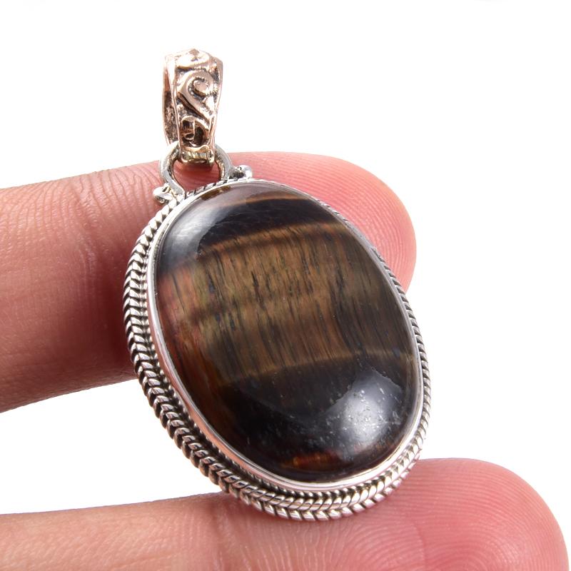 Natural Tiger's Eye Gemstone 925 Sterling Silver Two Tone Pendant 1.5'' e5d65