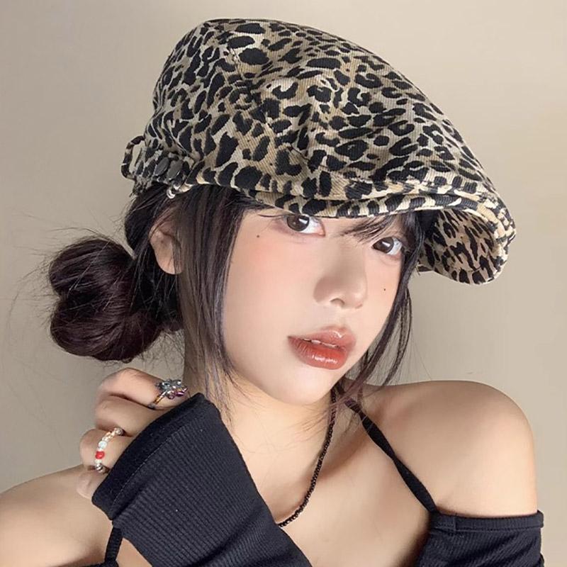 

Retro Leopard Forward Hat for Women Y2K Kpop Girl Cotton Newsboy Duckbill Cap Adjustable Artist Painter Peaked Hats Visors 56-58cm