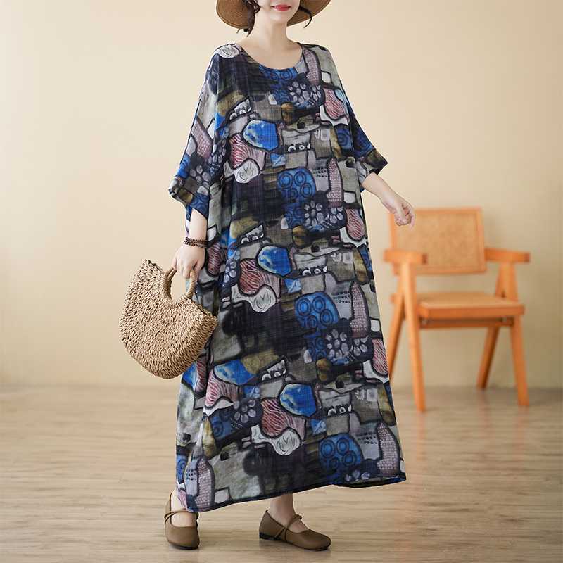 

Летнее литературное и ретро льняное хлопковое платье с принтом для среднего и пожилого возраста, с круглым вырезом, короткими рукавами, свободным подолом, импортное one size fits all синий