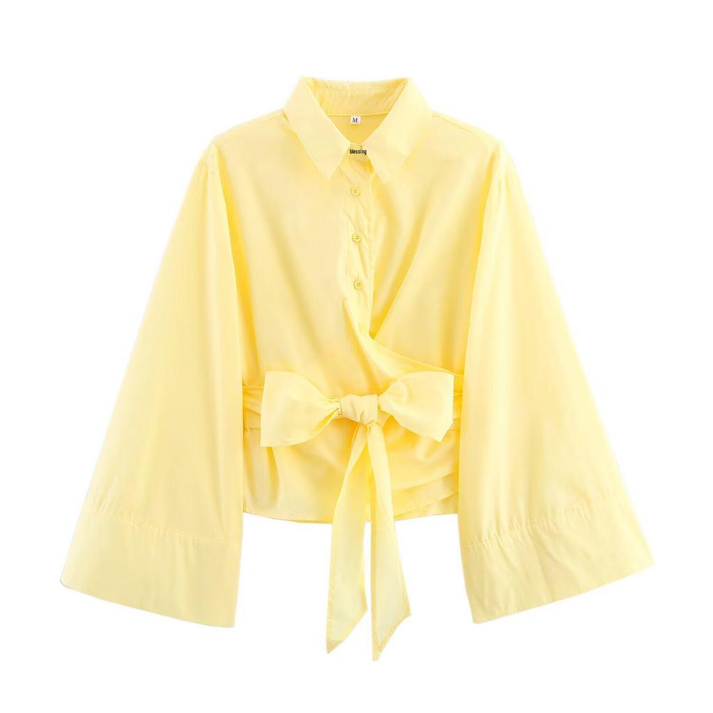 2025 Spring Women's Double-Breasted Poplin Slim Shirt with Bow Tie - European & American Style