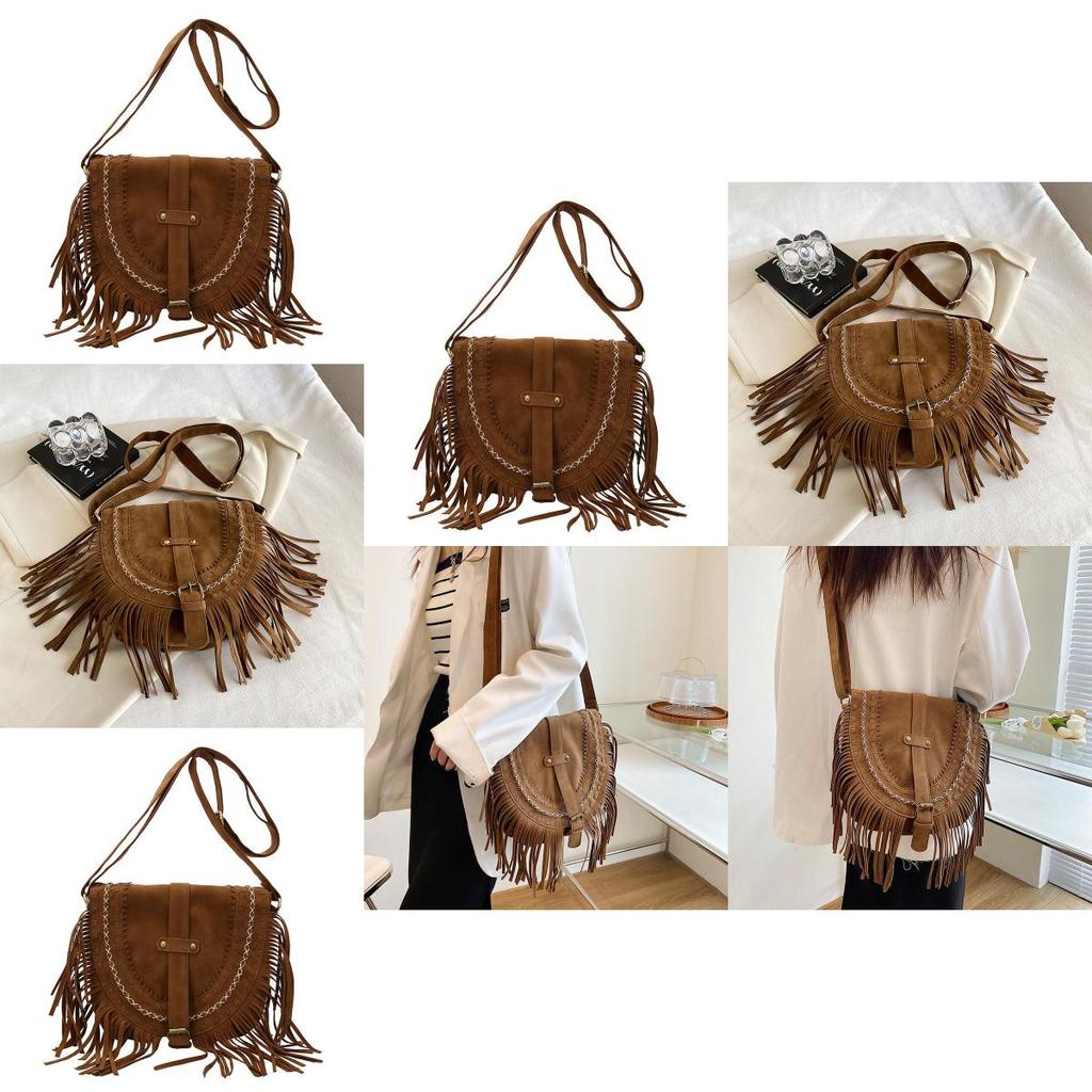 Pu Suede Fringed Saddle Bag With Zipper Closure For Daily Use And Bohemian Style