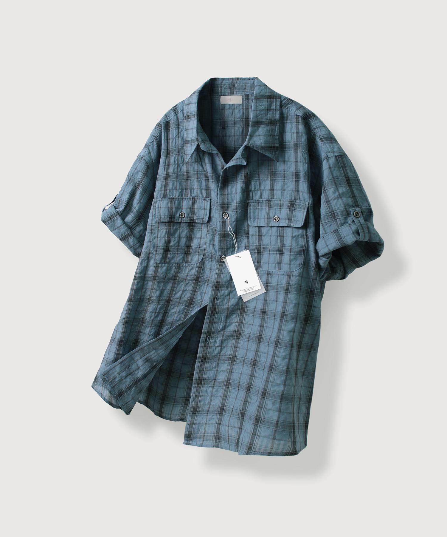 Mood Inside Vintage Wrinkle Roll-Up Half Shirt_Blue Blue/Free