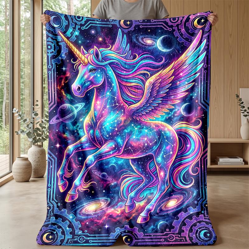 Cosmic Unicorn with Flowers Blanket Personalized Name Flannel Blanket Soft Cozy Plush Throw for Sofa Bed Lightweight Home Decor