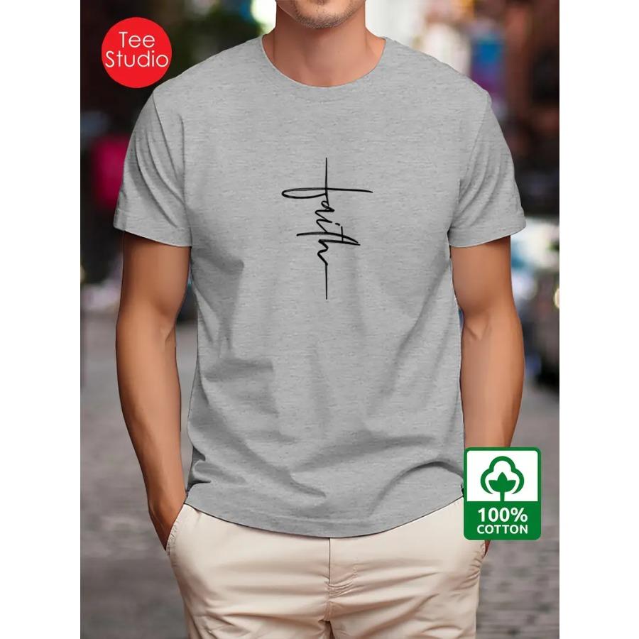 Men's 100% Cotton Faith Pattern Printed T-shirt, Casual Short Sleeved Round Neck T-shirt, Summer Outdoor Men's Clothing