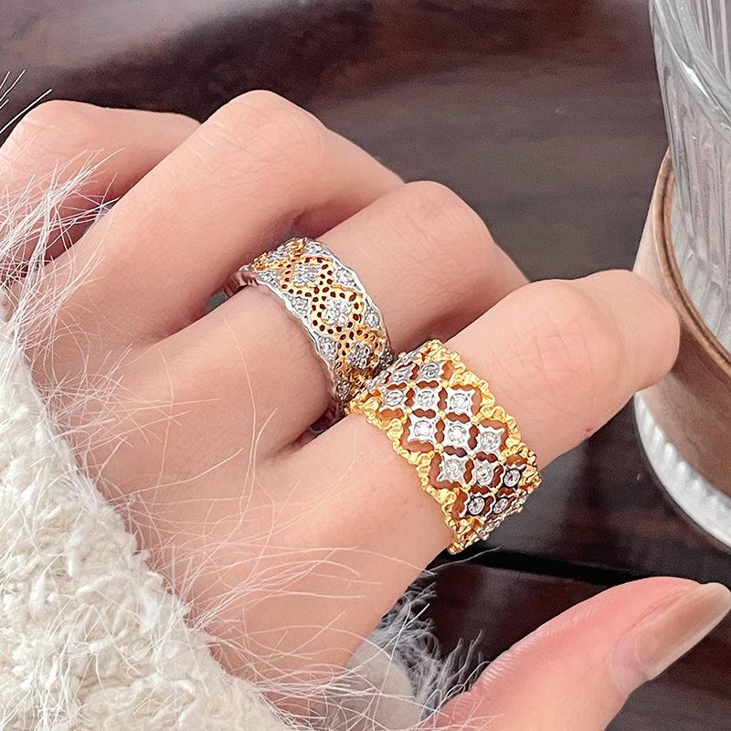 Italian Cloth Pattern Engraved Gold Light Luxury Craft Bratti Ring Medium Antique Classical Retro Court Open Ring