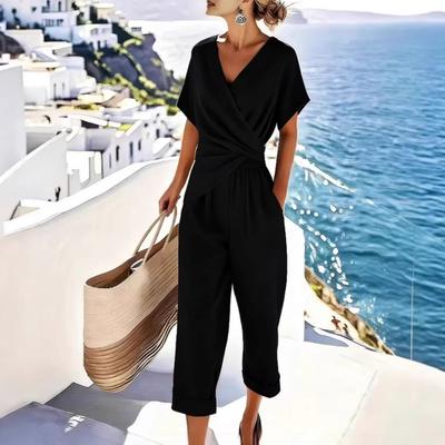 Women's 2 Piece Outfits Asymmetrical Hem V Neck Short Sleeve Ruched Top And Cropped Pants Set Summer Casual Lounge Sets