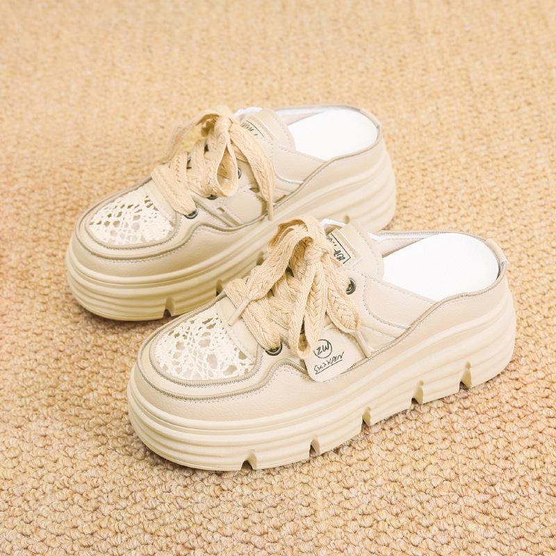 Baotou half slippers women's shoes wear new summer versatile breathable inner height increase white shoes