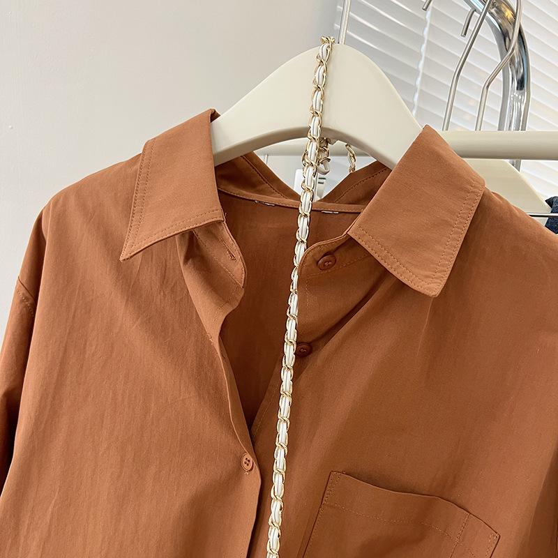 Caramel Mid-Length Women's Autumn Shirt Jacket - Casual, Long-Sleeved, Loose, Slimming Top