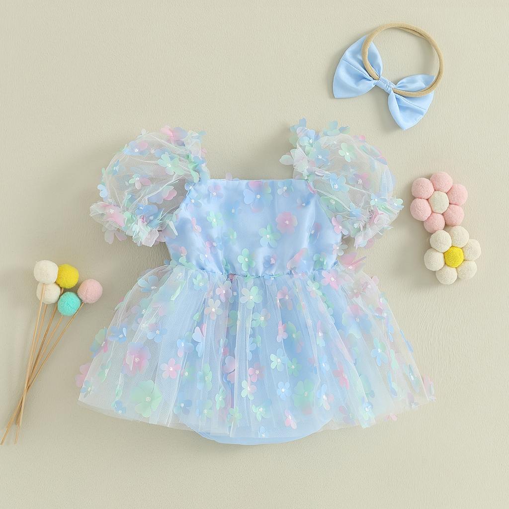 Baby Girl Summer Outfits Short Puff Sleeve 3D Flower Romper Tulle Dress with Headband Set 2Pcs Clothes