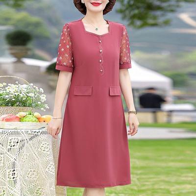 Rochie Midi Elegantă de Vară Casual Largă Culoare Solidă Patchwork din Dantelă cu Mânecă Scurtă Pentru Persoane de Vârstă Medie