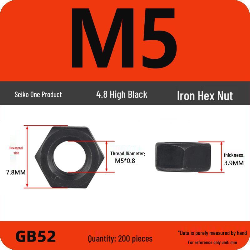 Black Galvanized Nickel-Plated Iron Hex Nut Screw Cap, GB Grades 4.8/8.8/12.9, Sizes M4/M5/M6/M8