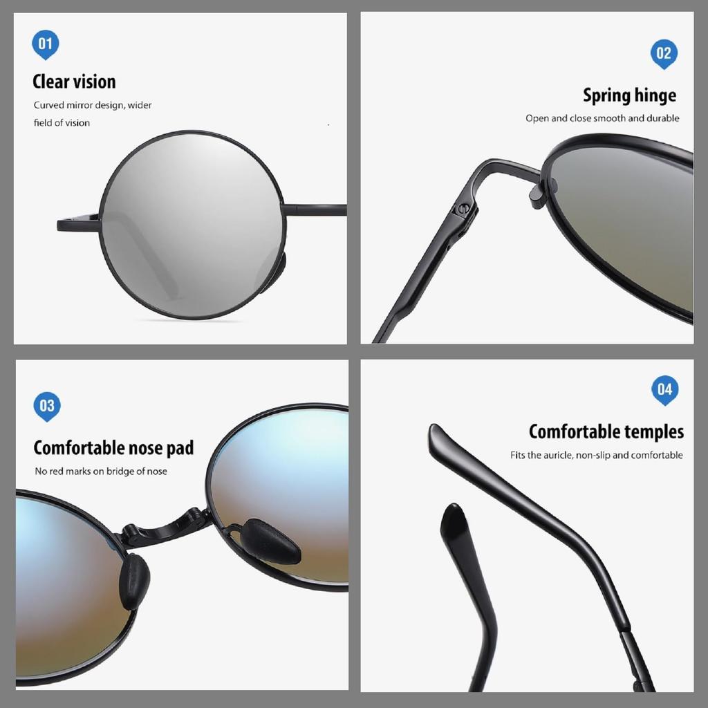 Polarisierte photochrome farbwechselnde Falt-Sonnenbrille Runde Gläser UV-Schutz Klassische runde Gläser 2 [REONAS] + (Gunmetallic)
